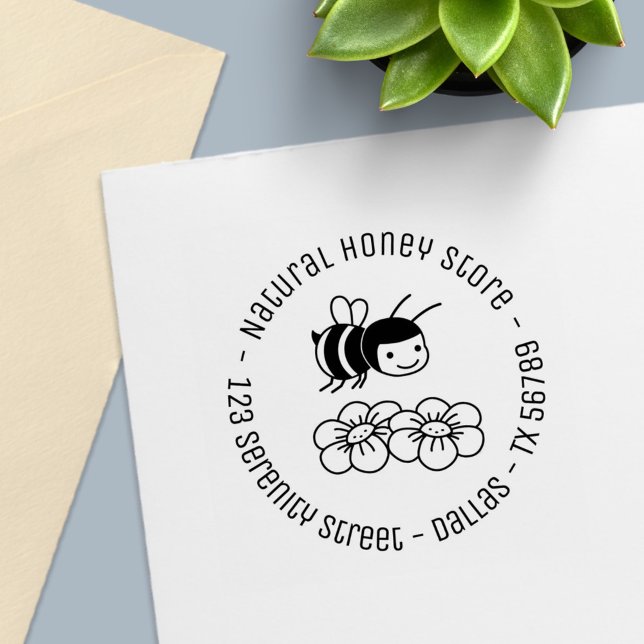 Happy Bee and Flowers Round Business Address Self-inking Stamp (Creator Uploaded)