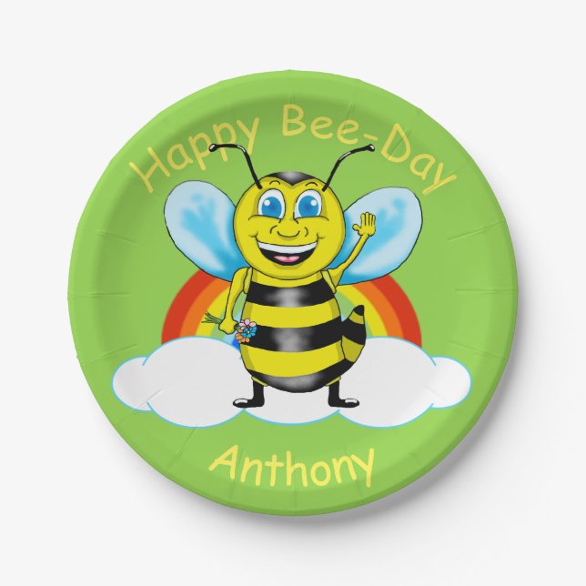Happy Bee Birthday Paper Plates (Customizable) (Front)