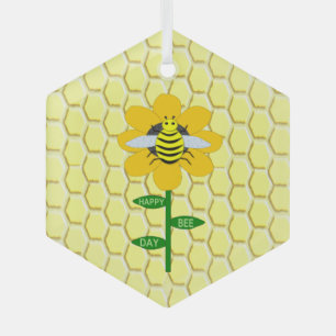 Happy Bee Day Birthday Bumblebee Glass Ornament