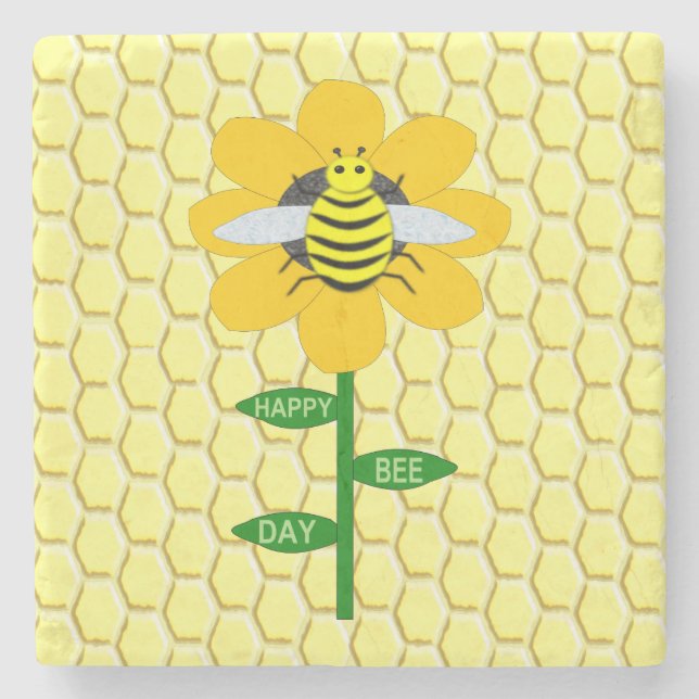 Happy Bee Day Birthday Bumblebee Stone Coaster (Front)