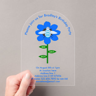 Happy Bee Day Boy Blue Birthday Bumblebee Custom Acrylic Invitations