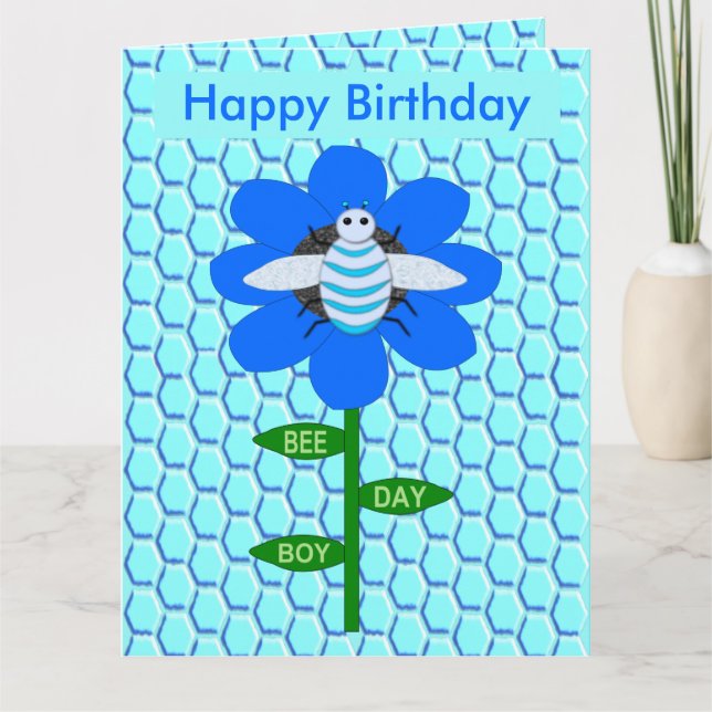Happy Bee Day Boy Blue Birthday Bumblebee  Custom Card (Front)