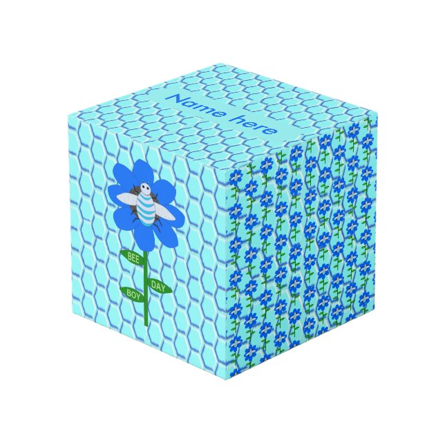 Happy Bee Day Boy Blue Birthday Bumblebee  Custom Cube (Front Angled)