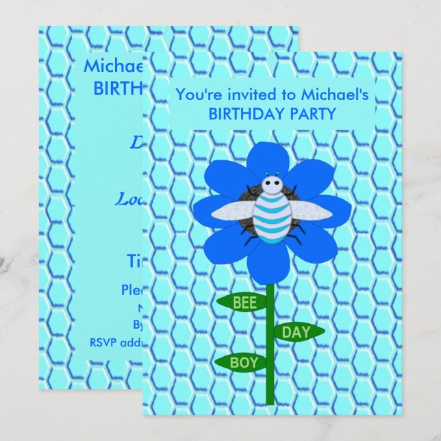 Happy Bee Day Boy Blue Birthday Bumblebee  Custom Invitation (Front/Back)