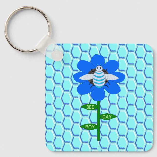 Happy Bee Day Boy Blue Birthday Bumblebee Custom Keychain (Front)