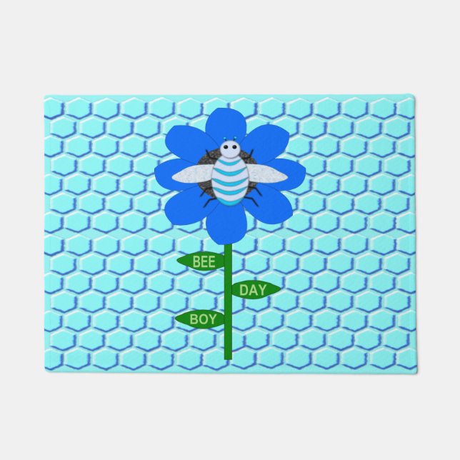Happy Bee Day Boy Blue Birthday Bumblebee Doormat (Front)