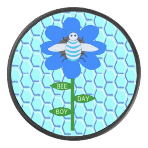Happy Bee Day Boy Blue Birthday Bumblebee Hockey Puck