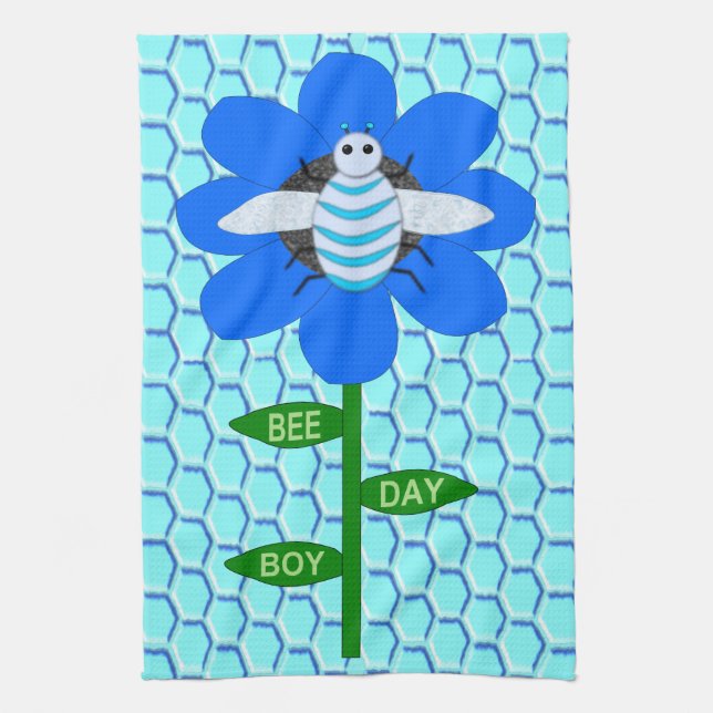 Happy Bee Day Boy Blue Birthday Bumblebee Kitchen Towel (Vertical)