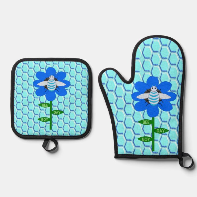 Happy Bee Day Boy Blue Birthday Bumblebee Oven Mitt & Pot Holder Set (Front)