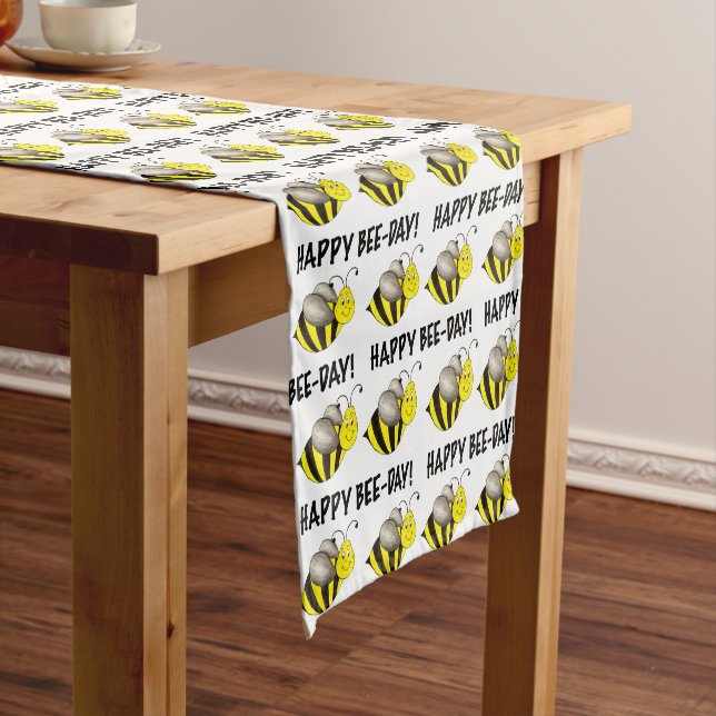Happy Bee-Day Bumblebee Yellow Bumble Bee Birthday Short Table Runner (In Situ)