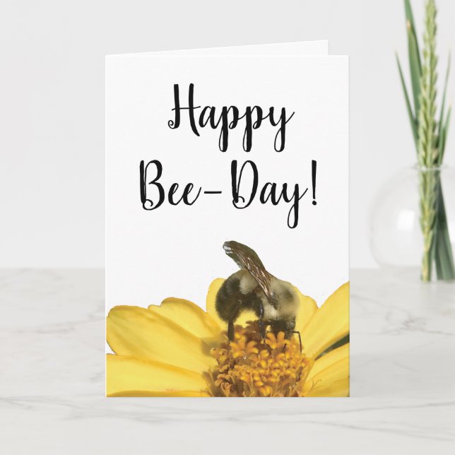 Happy Bee-Day Cute Bee on Flower Photo Birthday Card (Front)