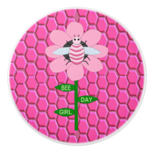 Happy Bee Day Girl Pink Birthday Bumblebee Ceramic Knob
