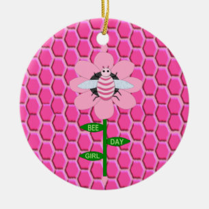 Happy Bee Day Girl Pink Birthday Bumblebee Ceramic Ornament