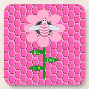 Happy Bee Day Girl Pink Birthday Bumblebee Coaster