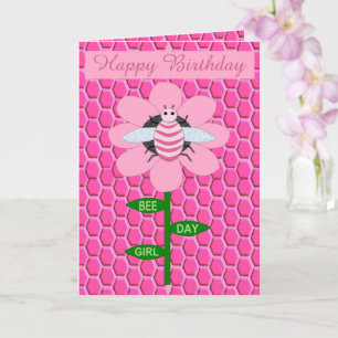Happy Bee Day Girl Pink Birthday Bumblebee Custom Card