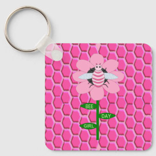 Happy Bee Day Girl Pink Birthday Bumblebee Keychai Keychain