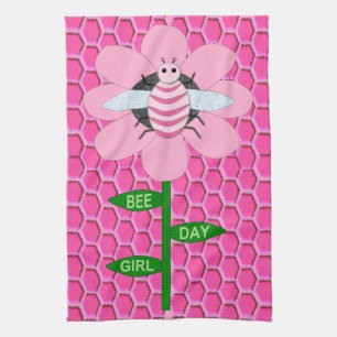 Happy Bee Day Girl Pink Birthday Bumblebee Kitchen Towel