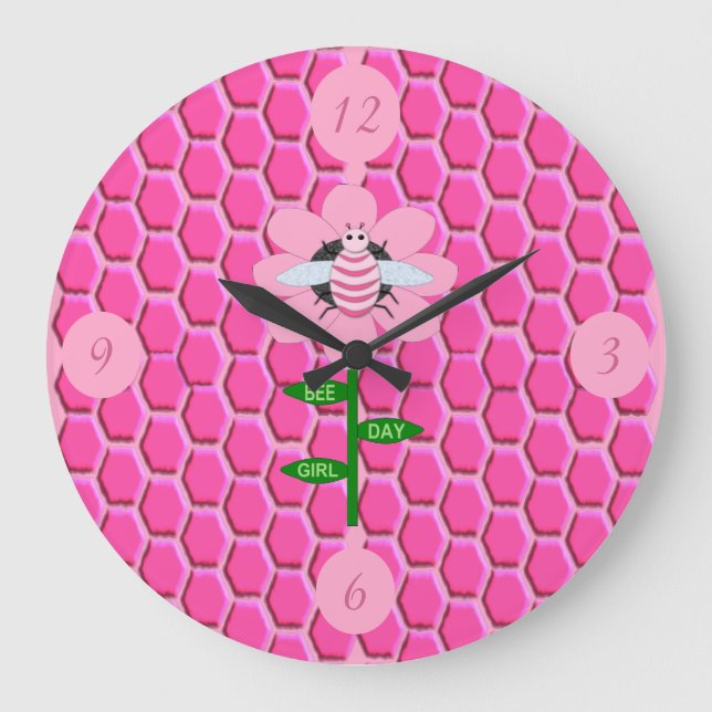 Happy Bee Day Girl Pink Birthday Bumblebee Large Clock (Front)