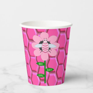 Happy Bee Day Girl Pink Birthday Bumblebee Paper Cups