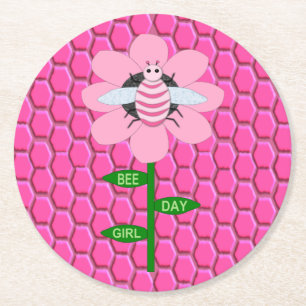 Happy Bee Day Girl Pink Birthday Bumblebee Round Paper Coaster