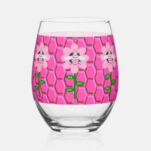 Happy Bee Day Girl Pink Birthday Bumblebee Stemless Wine Glass