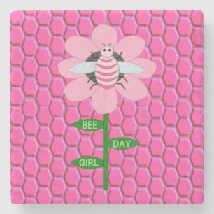 Happy Bee Day Girl Pink Birthday Bumblebee Stone Coaster