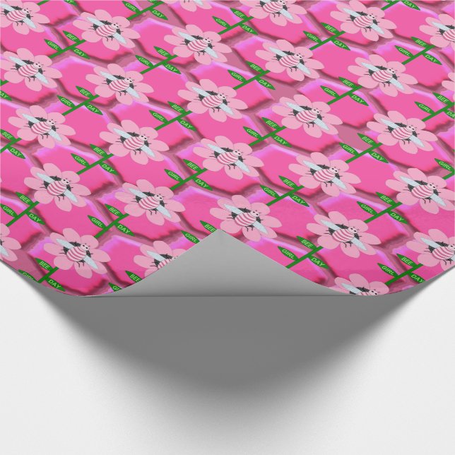 Happy Bee Day Girl Pink Birthday Bumblebee Wrapping Paper (Corner)