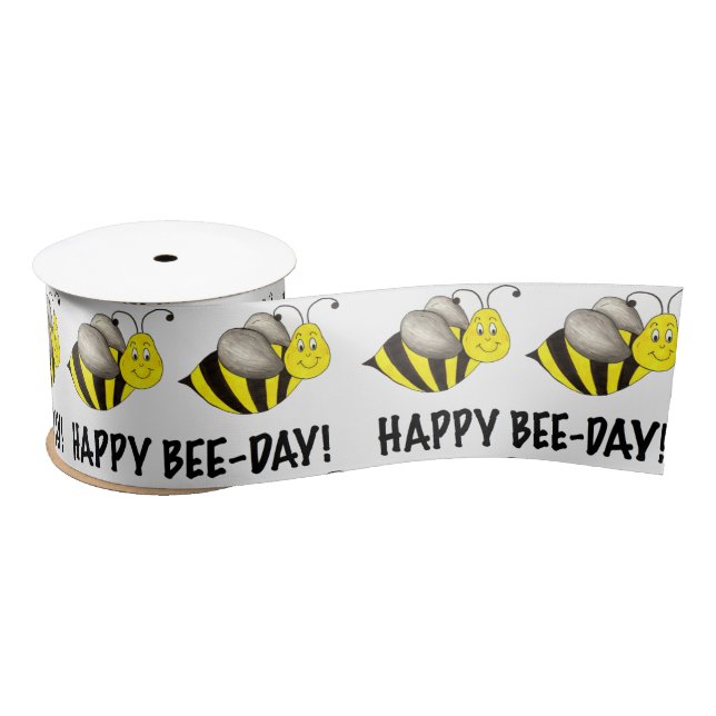 Happy BEE DAY Yellow Bee Bumblebee Birthday Ribbon Satin Ribbon (Spool)