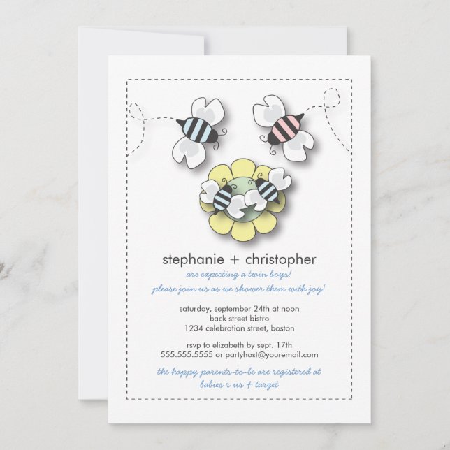 Happy Bee Family Twin Boys Baby shower Invitation (Devant)