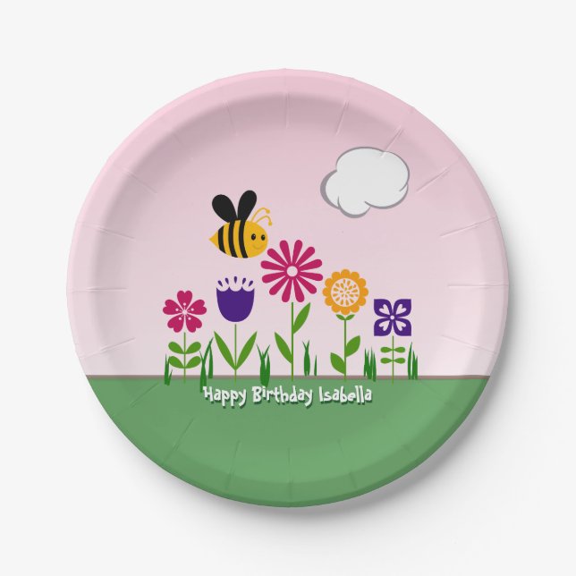 Happy Bee Flower Garden Personalized Paper Plate (Front)