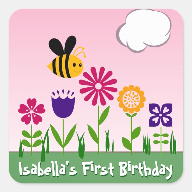 Happy Bee Flower Garden Personalized Square Sticker (Front)