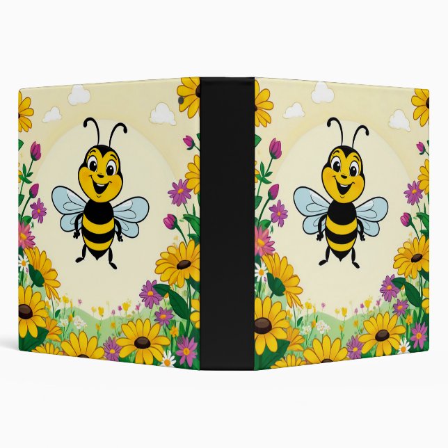 Happy Bee In Colourful  Flowers  Binder (Background)