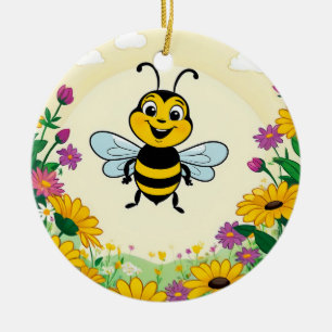 Happy Bee In Colourful Flowers Ceramic Ornament