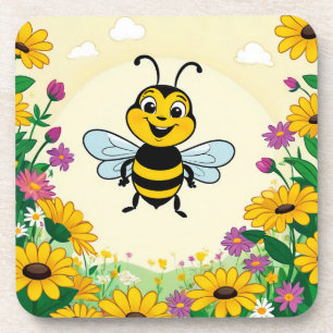Happy Bee In Colourful Flowers Coaster