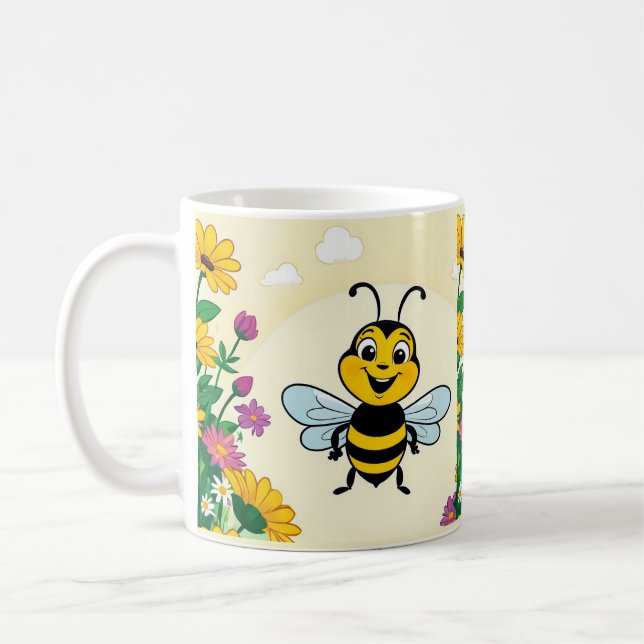 Happy Bee In Colourful  Flowers  Coffee Mug (Left)