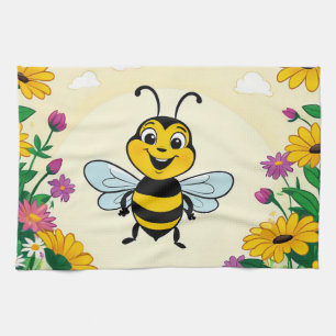 Happy Bee In Colourful Flowers Kitchen Towel