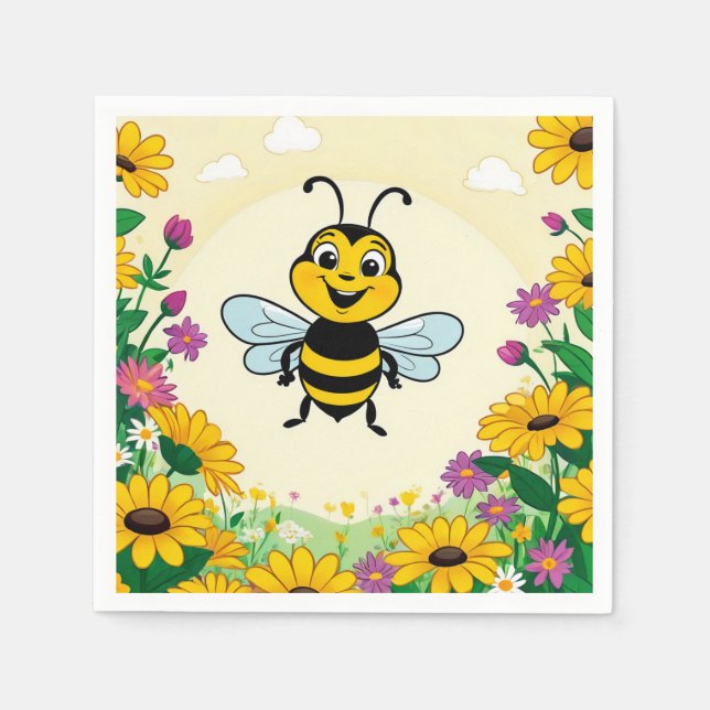 Happy Bee In Colourful  Flowers  Napkin (Front)