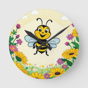 Happy Bee In Colourful  Flowers  Round Clock