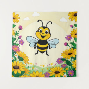 Happy Bee In Colourful Flowers Tapestry