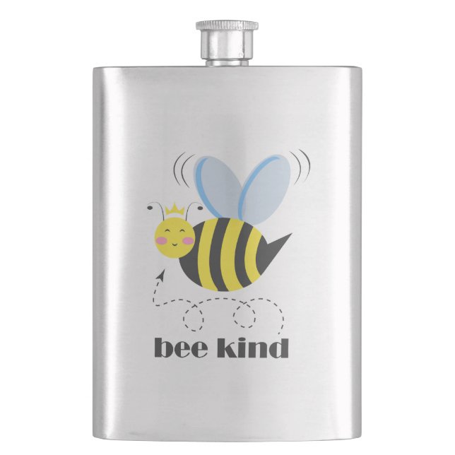 Happy bee princess with crown and slogan Bee Kind Hip Flask (Front)