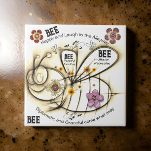 Happy Bee Sayings Flowers Positive Ceramic Tile