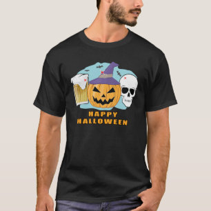 Happy Beer Halloween - Spooky Skull and Pumpkin T-Shirt
