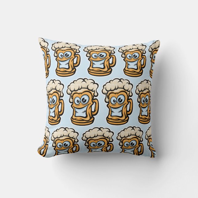 Happy Beer Mug, Funny Illustration Throw Pillow (Front)