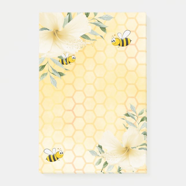 Happy bees honeycomb pattern tropical florals post-it notes (Front)
