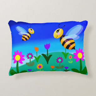 Happy bees in a flower field accent pillow