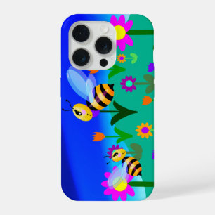 Happy bees in a flower field iPhone 15 pro case