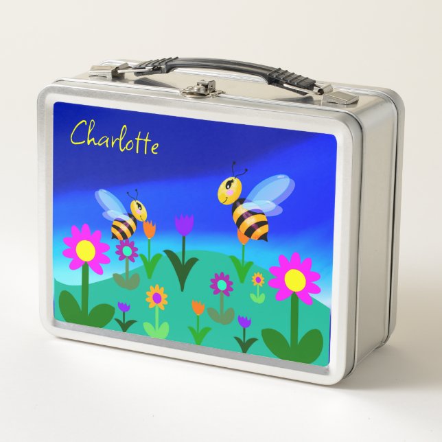 Happy bees in a flower field metal lunch box (Front)
