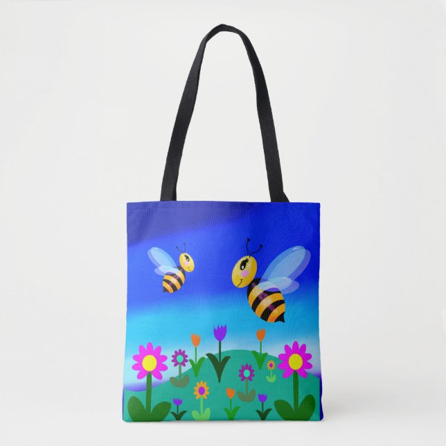Happy bees in a flower field tote bag (Front)