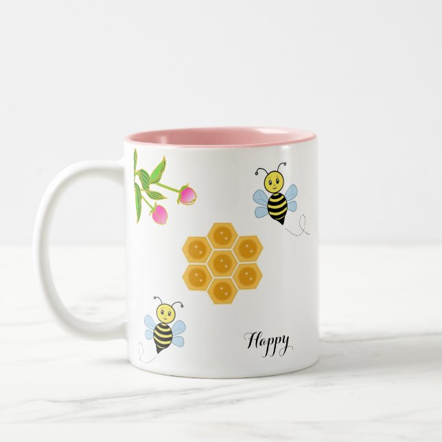 Happy bees, pink flowers and honeycomb Two-Tone coffee mug (Left)