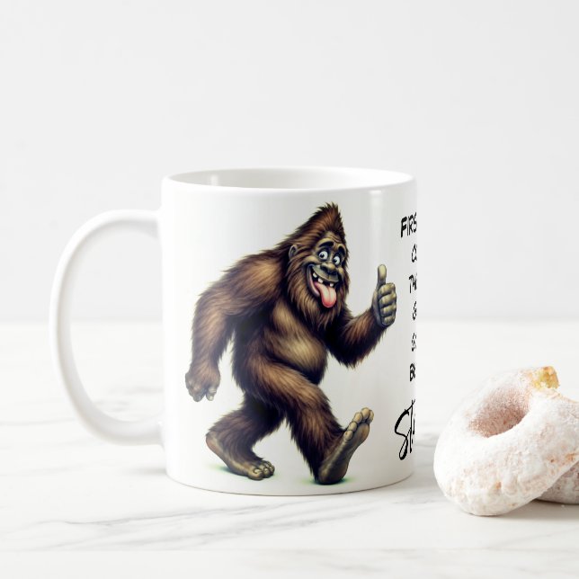 Happy Bigfoot Sasquatch Breakfast Coffee Mug (With Donut)